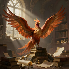 A striking phoenix with fiery feathers stands on a pile of old books in a sunlit library, surrounded by scattered papers and towering shelves of literature