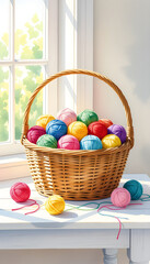 A woven basket filled with vibrant yarn balls sits on a white table beside a sunny window, casting soft shadows and highlighting the colors. Stories template phone background