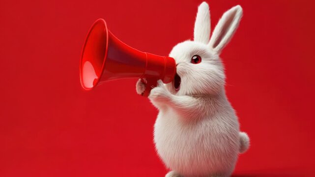 Video A white rabbit holds a red horn in its mouth