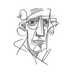 Expressive abstract cubist face illustrated with dynamic linear sketch lines, minimalist black and white portrait suitable for editorial design, modern posters, branding and contemporary art projects