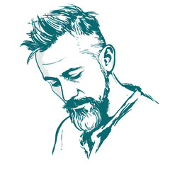 Expressive hand-drawn line art portrait of a bearded man in a thoughtful pose. Stylized illustration with bold strokes, ideal for editorial design, branding, posters, storytelling, and modern project