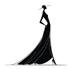 Minimalist black silhouette illustration of an elegant woman wearing a long flowing dress. High-fashion inspired artwork suitable for luxury branding, editorial design, and modern fashion concepts