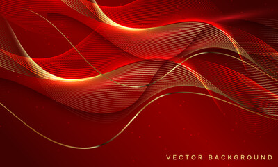 Abstract Red background. Wave element for design. Digital frequency track equalizer. Stylized line art. Colorful shiny wave with lines created using blend tool. Curved wavy line smooth stripe. Vector.