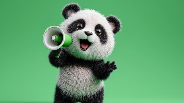 Adorable fluffy 3D baby panda character holding a green megaphone
