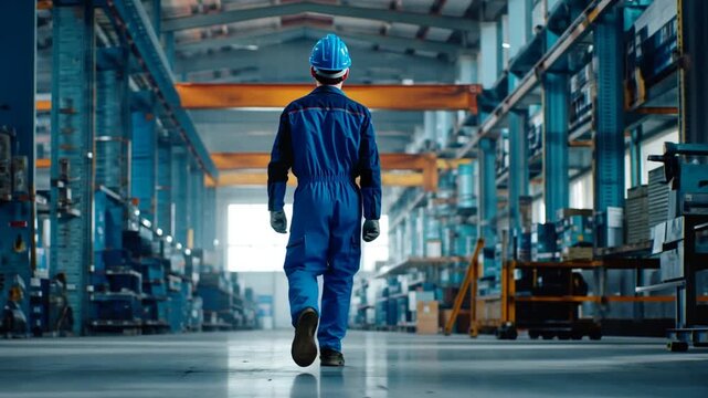 A worker in a blue uniform walks through a large industrial warehouse with machinery.