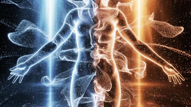 Human figures illuminated by blue and orange lights in a dynamic pose against a dark background with sparks and energy effects