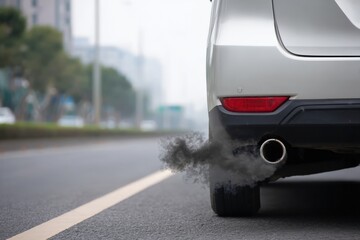 Exhaust emissions from a white car on a city road
