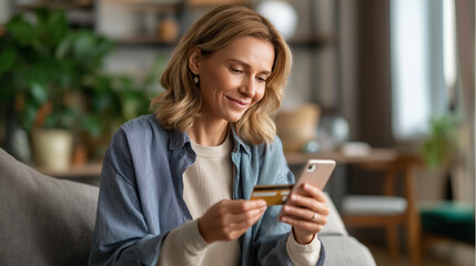 Fototapeta premium Woman on sofa with credit card and phone checking banking information reading with cybersecurity awareness and fintech app secure password entry for budget management online