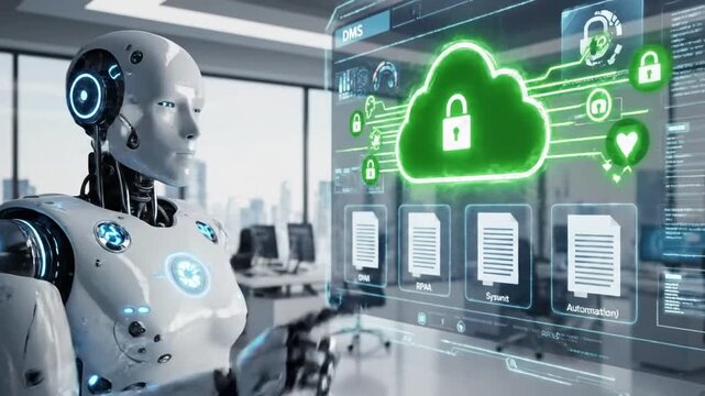 Futuristic robot interacting with digital document management system