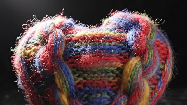 Vibrant handcrafted woolen heart shape crafted from multicolored yarn thread resting against a solid dark black backdrop, symbolizing love, romance, craft, and textile creativity.