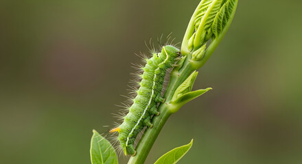Fototapeta premium Green caterpillar crawls on stem