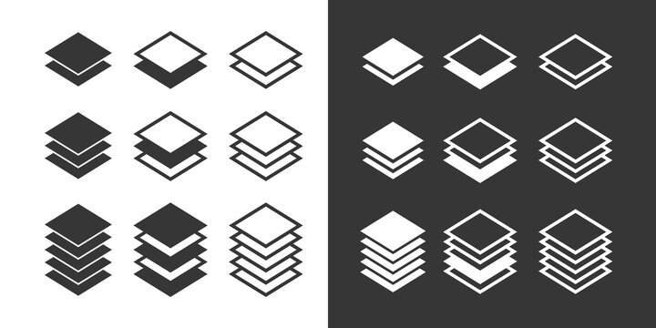 Layers icon set. A pictogram of multiple layers within a composition. Denoting the multi-layer nature of a product or structure. Raster icon.