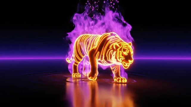 Neon-lit tiger with purple smoke and flame effects on a dark background with a reflective floor.