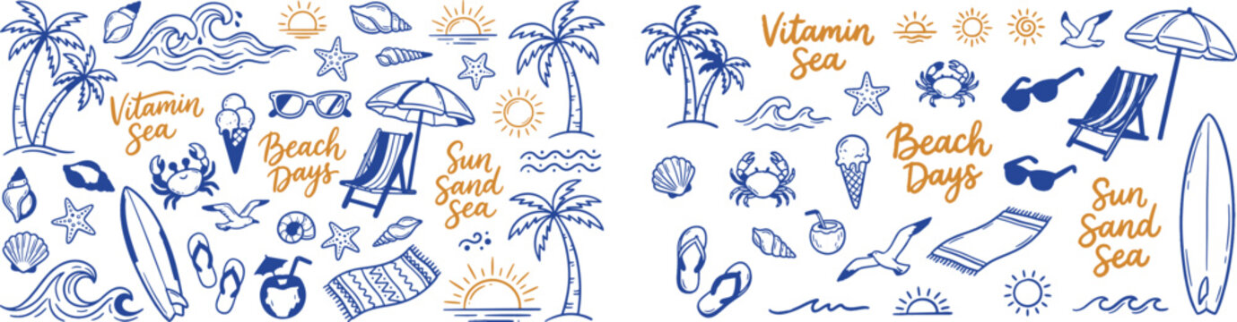 A tropical beach and surf-themed vector set with palm trees, waves, surfboards, a van, flamingos, and ocean elements with quotes, in a bold graphic style. Perfect for t-shirt prints, posters, stickers