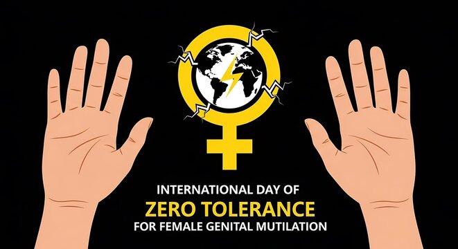 Artwork symbolizing the international day of zero tolerance for female genital mutilation featuring raised hands and a powerful female sign graphic.