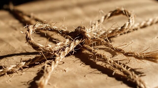 Rustic Jute Twine String Tied into Decorative Bow on Brown Kraft Eco Friendly Recycled Paper Texture Background Natural Organic Packaging Concept Minimalist Gift Wrap