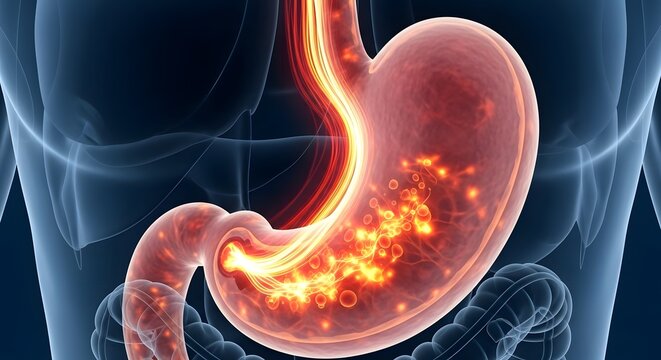 Digital Illustration of Human Stomach with Glowing Digestive Process