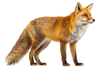 Fototapeta premium Realistic red fox standing in profile with thick fur and visible guard hairs, bushy tail with a lighter tip, alert ears and gentle ground shadow, isolated on transparent background.