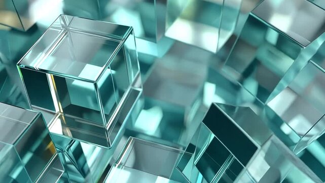 A close-up view of numerous transparent glass cubes stacked in a disorganized manner indoors.