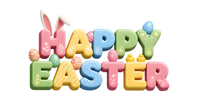 Happy easter colorful 3d text with bunny ears isolated on transparent background