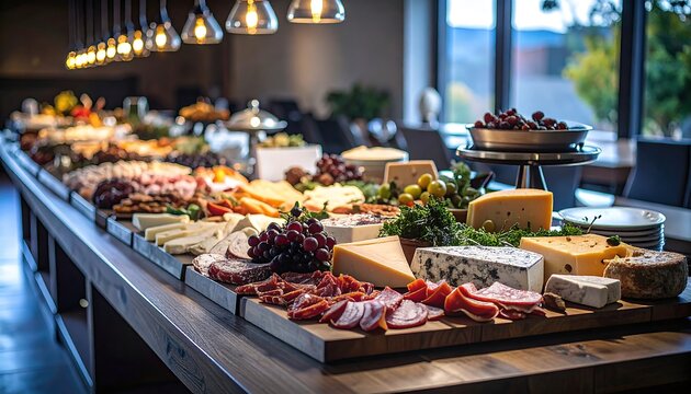 Gourmet cheese and charcuterie feast modern venue culinary display warm atmosphere inviting view taste exploration