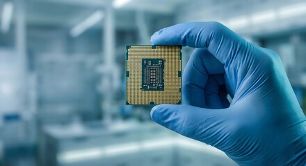 Scientist in blue gloves holding a microchip processor in laboratory