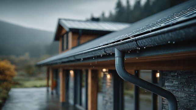 Modern House Gutter System with Raindrops and Mountain Landscape Scenery