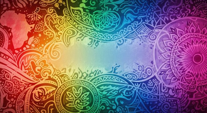 A vibrant, colorful mandala design with a rainbow gradient background.
