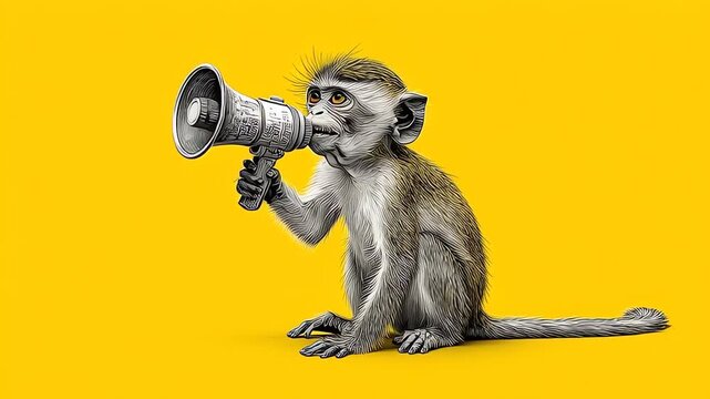 Monkey Holding Megaphone Yelling Against Yellow Background