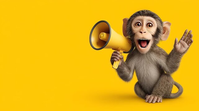 Cute Monkey Holding Megaphone Announcing Big News on Yellow Background