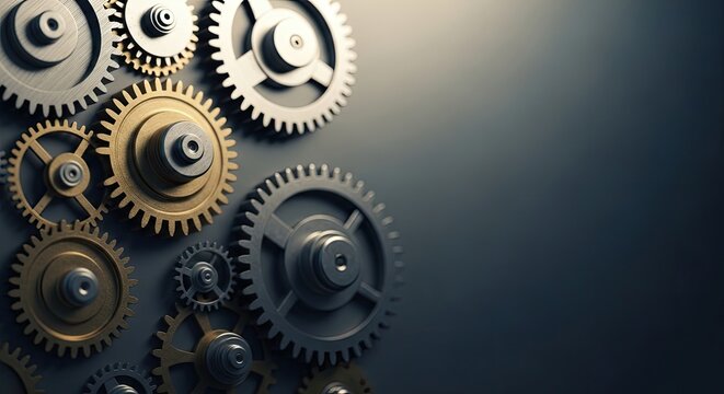 A collection of gears and cogs on a dark background.