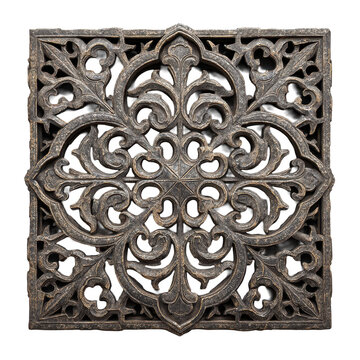 Ornate square arabesque metal tile with intricate geometric cutwork, aged dark patina and subtle wear, perfectly symmetrical decorative pattern, isolated on transparent background.
