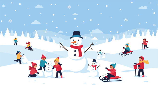 Group of cheerful children playing in a snowy winter park with a giant snowman, sledding on hills, and building snowmen together.
