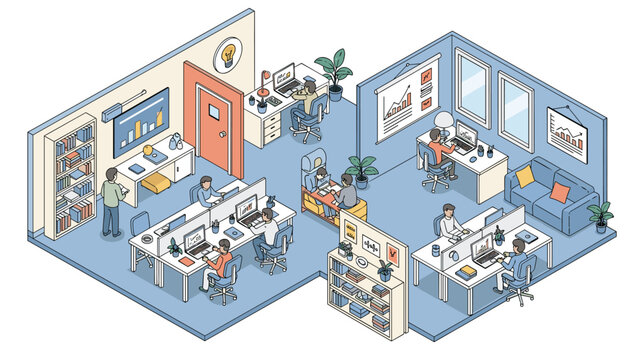 Detailed isometric view of a modern open plan office space with employees working at desks, meeting in lounges, and near a bookshelf.
