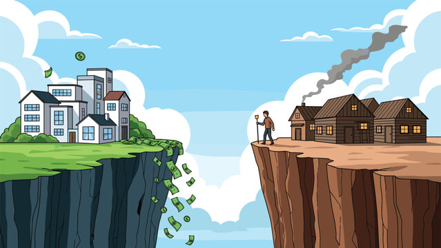 Conceptual illustration of economic inequality showing a rich city and a poor village separated by a chasm with falling money symbols.