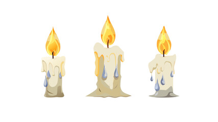 Set of realistic burning candle flames and wax drips on transparent background. vector icon