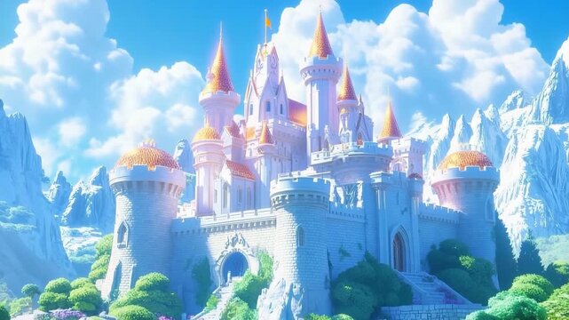 Castle with brightly shining walls stands cheerfully against a backdrop of majestic mountains and clear blue skies