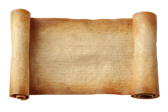 Rolled parchment scroll with warm tan paper, subtle fiber texture, gently curled edges, and natural aging marks, isolated on transparent background.