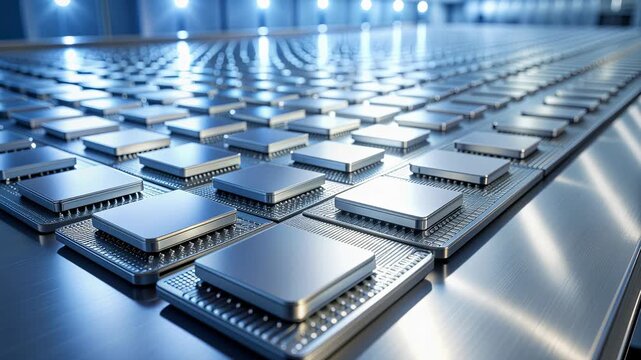 Automated machine places microchips circuit boards modern factory, symbolizing deep learning and healthcare technology advancement, robotic arm demonstrates precision automation for innovation