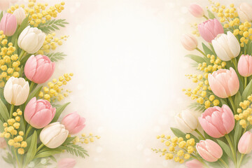 Spring Floral Border With Soft Pastel Tulips