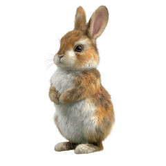 Fototapeta premium Cute bunny standing upright on a small grass patch with soft fur detail, visible paws, friendly face, bright eyes, and natural grassy base, isolated on transparent background.