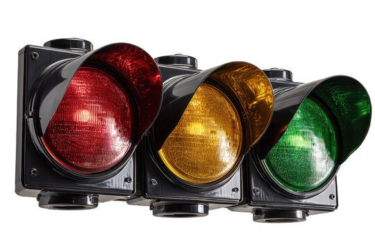 Three lens traffic light in a black housing with glossy red amber green lenses, visible internal optics texture, crisp edges, and soft shadow, isolated on transparent background.