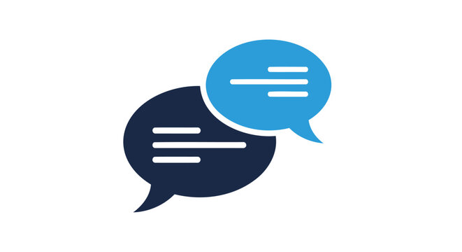 Two speech bubbles in dark blue and light blue on white background representing communication and conversation