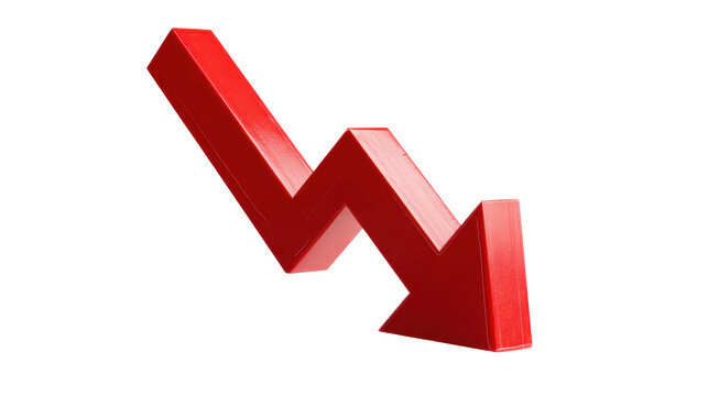 Bold red zigzag downward arrow with sharp corners, strong decline motion, clean edges, and slight dimensional shading for depth, isolated on transparent background.