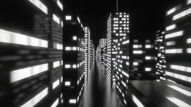Dynamic black and white cityscape at night