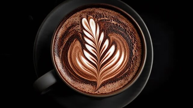 Exquisite Latte Art Mocha Coffee Drink in Black Cup on Dark Background