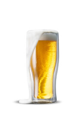 Glass of Cold Beer with Beer Froth Overflowing The Glass