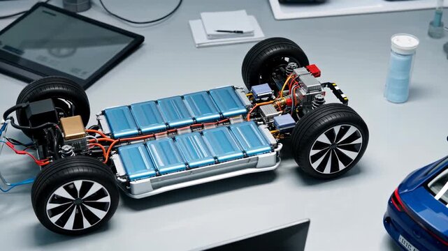 Electric vehicle battery chassis technology innovation concept with modular battery pack system and wiring, showcasing advanced automotive technology and sustainable transportation development modern
