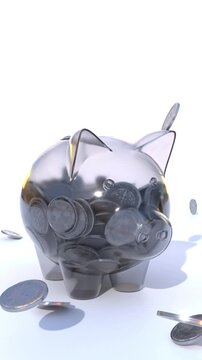 Coins Falling into Glass Piggy Bank, Money Savings, Financial Growth or Pension Concept