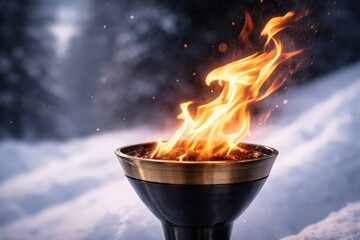 Fototapeta premium A Glowing Flame Erupts from a Decorative Bowl in a Snowy Landscape, Capturing the Essence of Warmth Amidst a Chilly Winter Environment